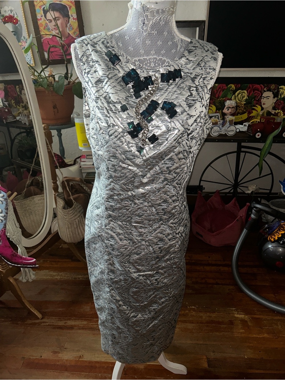 RACHEL Rachel Roy Silver Textured Sheath Dress with Teal Jewel Accents